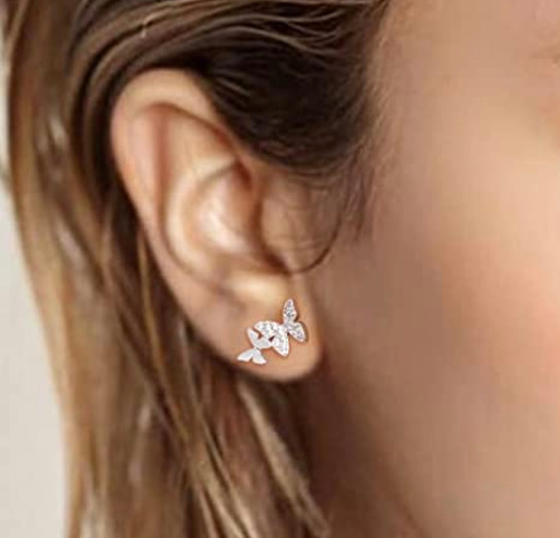 Butterfly - Sterling Silver Cz Stud Earrings